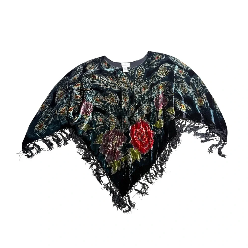 Coldwater Creek Velvet Peacock Floral Fringe Shawl Wrap